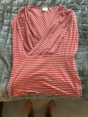 Anthropologie Red and White Striped Short Sleeve Wrap Top